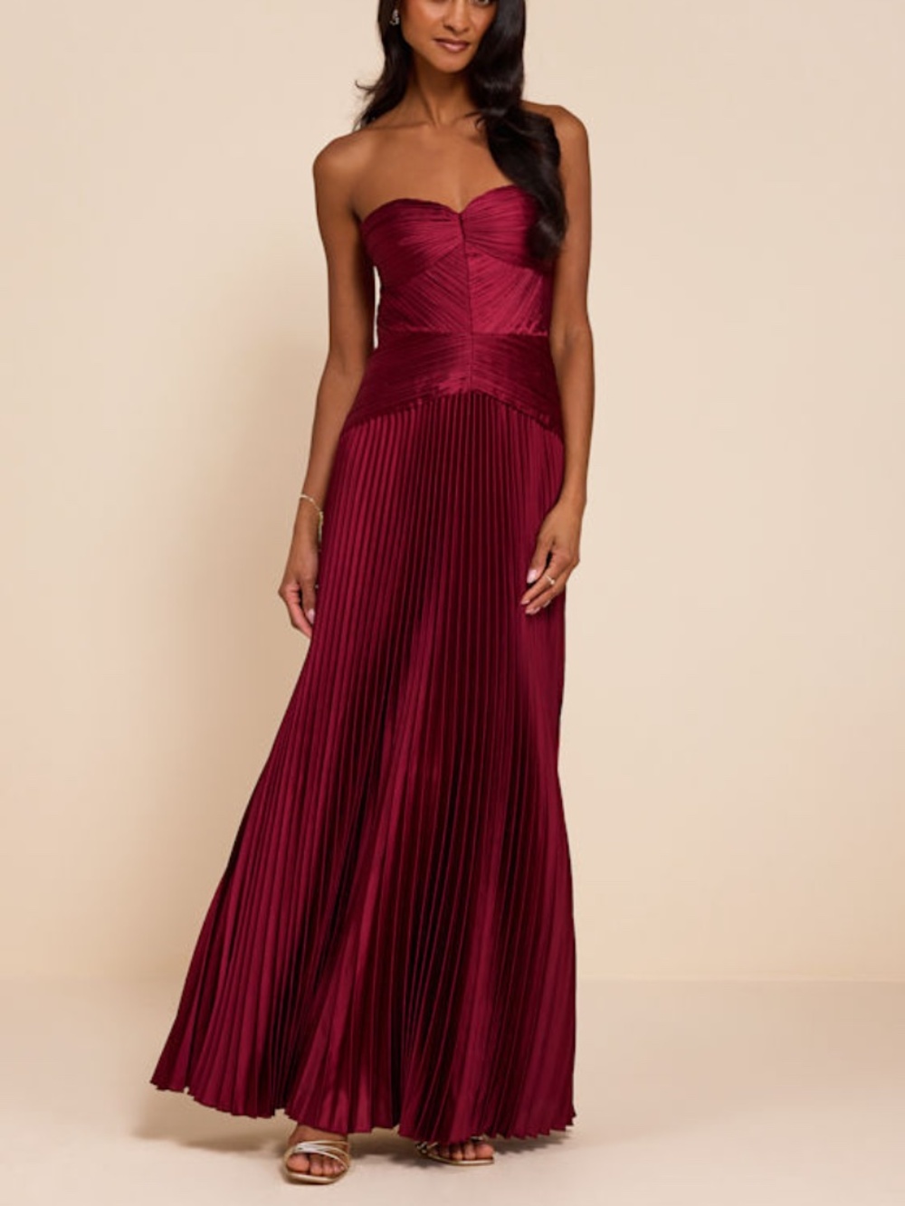 Lulus Elkay Burgundy Pleated Satin Drop Waist Maxi Dress Red - Size S